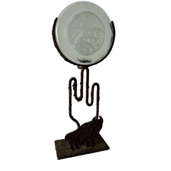 Handmade Cast Iron Glass Buffalo Cactus Western Scene Candleholder Rustic Art - Picture 1 of 5